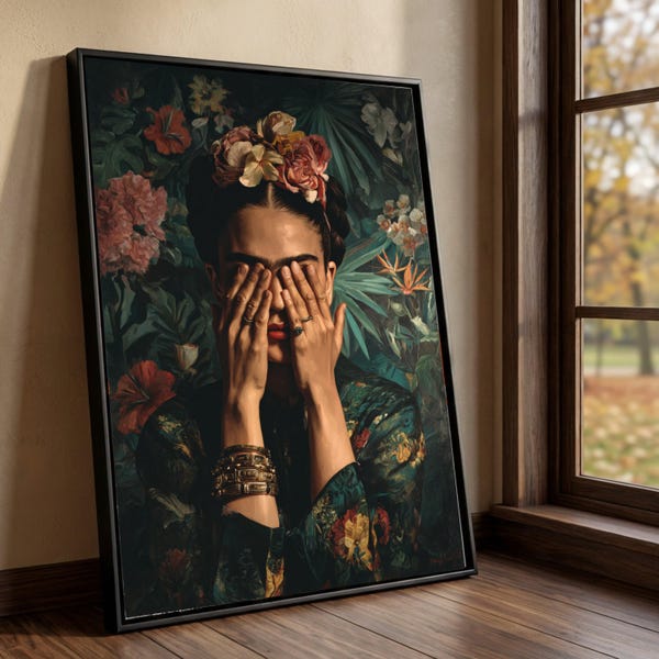 Lienzo con retrato floral inspirado en Frida Kahlo, decoración de pared de arte mexicano, arte de pared bohemio femenino en lienzo, diseño artístico de mascarilla facial