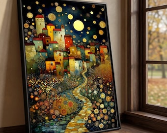 Klimt-Inspired Starry Village Canvas: Dreamy Moonlit Landscape