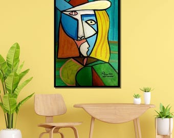 ピカソ風キュビズム女性肖像画、大胆な抽象フェイスアート、モダニズム