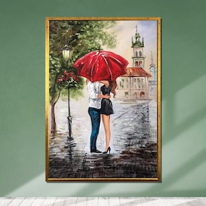 Romantic Couple Under Red Umbrella Canvas, Lovers in the Rain Painting, Intimate Street Art Wall Decor