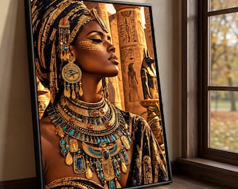 Egyptian Queen Portrait Canvas, Ancient Royal Jewelry Wall Art, African Goddess Decoration, Historical Heritage Canvas, Elegant Home Accent