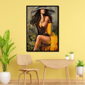 Elegant Woman in Yellow Dress, Fashion Wall Art, Feminine Portrait Painting, Modern Canvas Art, Ready to Hang