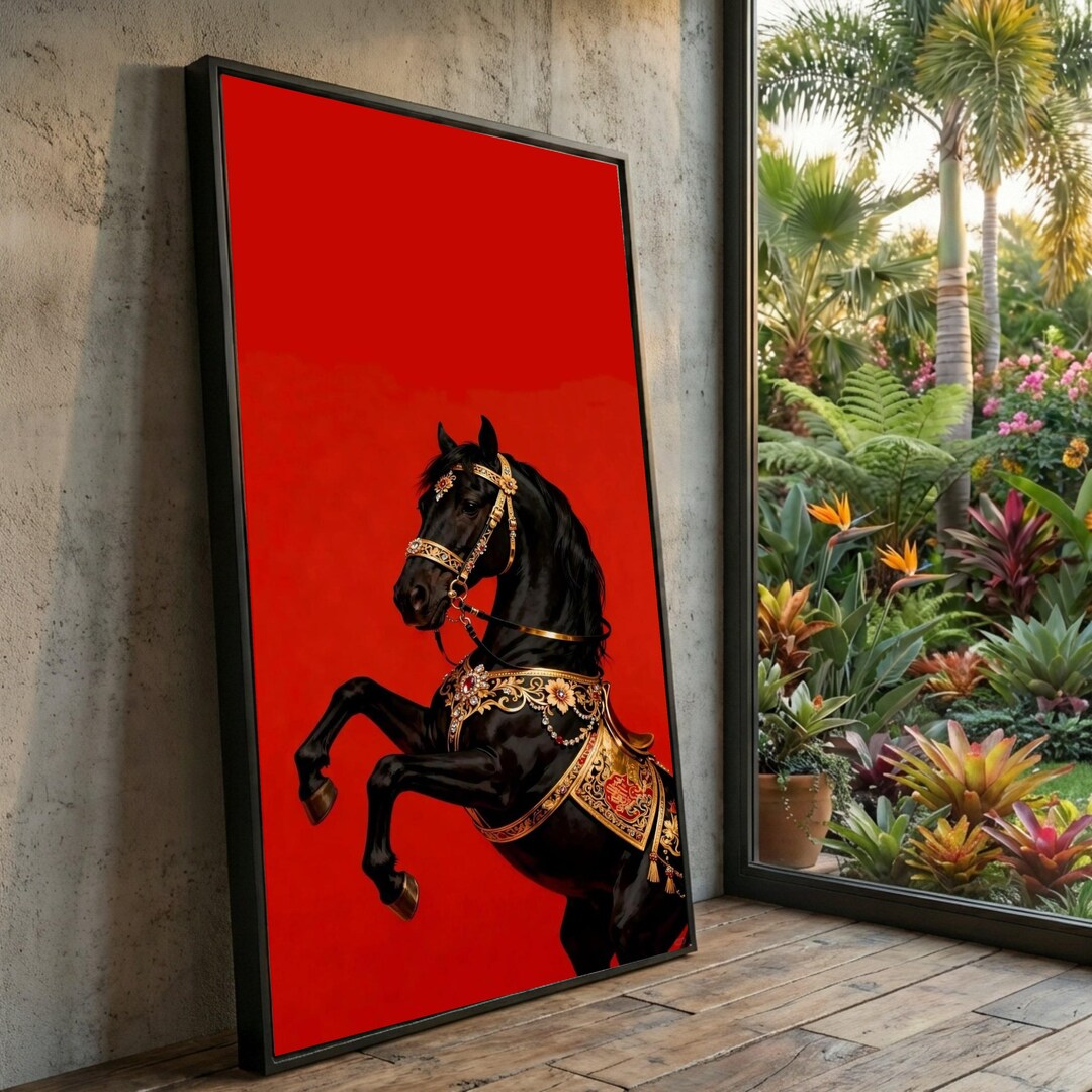 Black Horse Rearing Canvas, Ornate Gold Harness, Equine Wall Art - Etsy