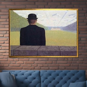 René Magritte inspiriert &quot;&quot;Der Mann in der Melone&quot; Druck, klassische Kunst, Magritte Stil Leinwand, Landschaftsszene, fertig zum Aufhängen
