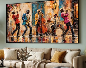Vibrant Jazz Band Scene Canvas, Colorful Musician Wall Art, Urban Street Performance Canvas, Live Music Home Decor