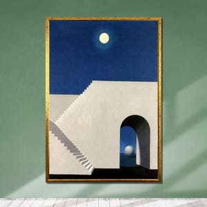 Tela della scala di Rene Magritte, arte surreale al chiaro di luna, arte murale minimalista moderna, design su tela pronto da appendere