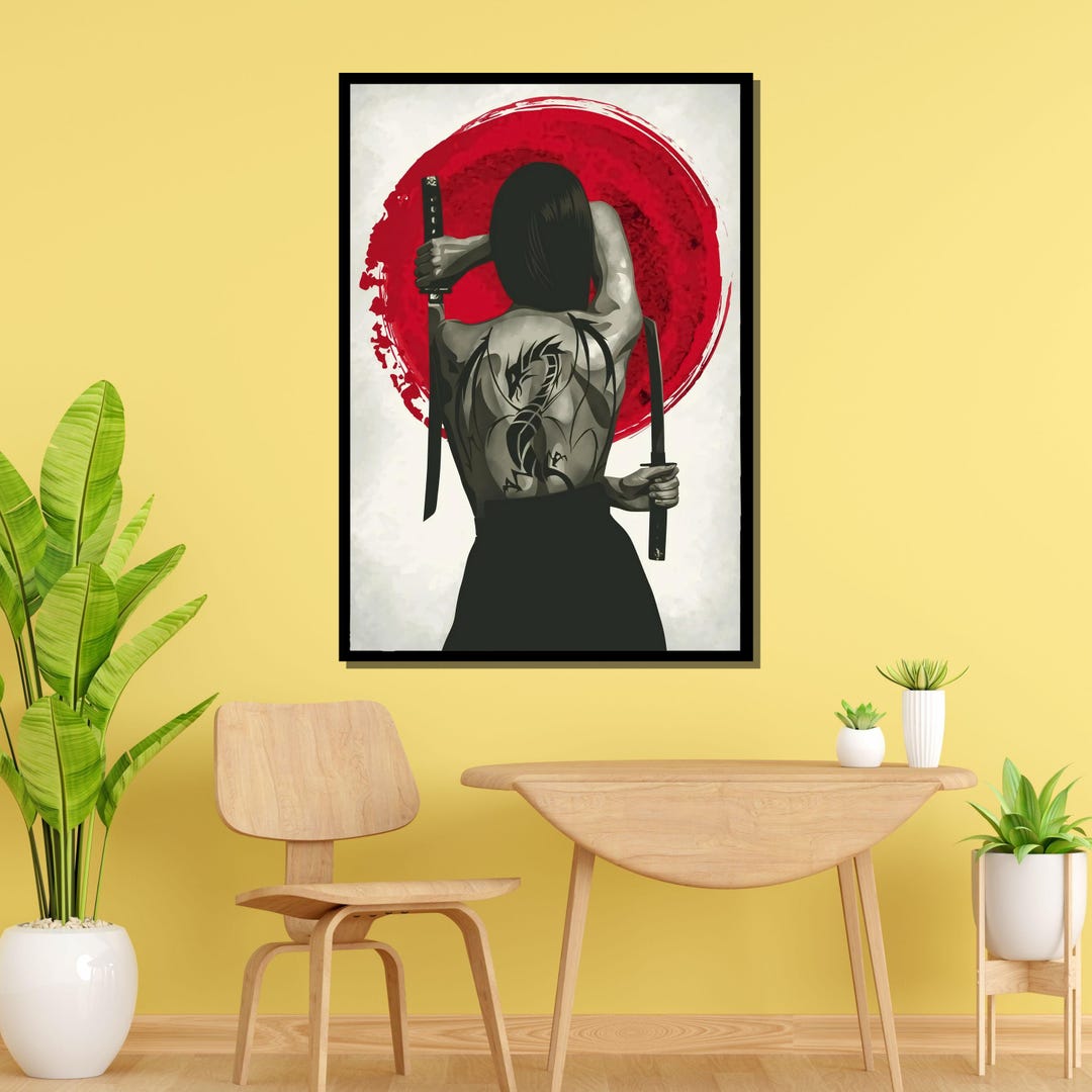 Samurai Woman With Dragon Tattoo Canvas, Japanese Warrior Art, Katana ...