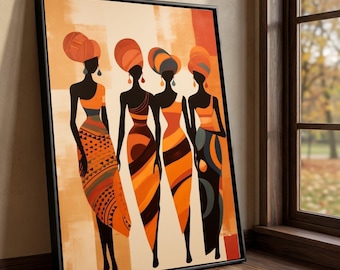 African Women Silhouette Canvas, Ethnic Wall Art, Orange Abstract Decor