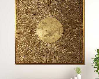 Golden Sunburst Art, Metallic Abstract Sun, Radiant Gold Wall Art