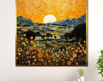 Klimt-Inspired Golden Sunset Canvas Art: Abstract Floral Landscape