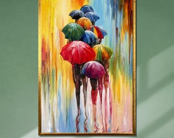 Colorful Umbrella Rain Canvas, Abstract Umbrella Art, Vibrant Wall Decor, Ready to Hang
