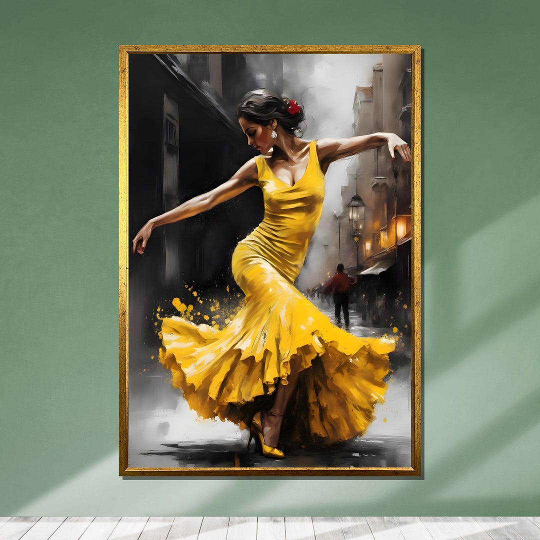 フラメンコダンサーのキャンバス：スペイン舞踊アート、黄色のドレス