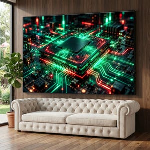 May include: A rectangular wall art print featuring a high-contrast digital illustration of a computer processor circuit board with glowing green and red light pathways, mounted above a beige tufted sofa with rolled arms on a wooden floor.