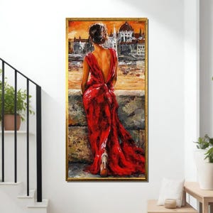 Lady in Red Dress Canvas: Cityscape Sunset Wall Art