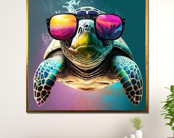 Funky Turtle Art Print: Sunglasses Canvas, Vibrant Animal Decor