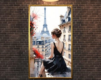 Parisian Elegance Art Print, Woman in Black Dress with Eiffel Tower, Paris Wall Art