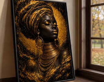 Regal African Queen Portrait Canvas, Black Gold Tribal Woman Wall Art, Ethnic Home Decor