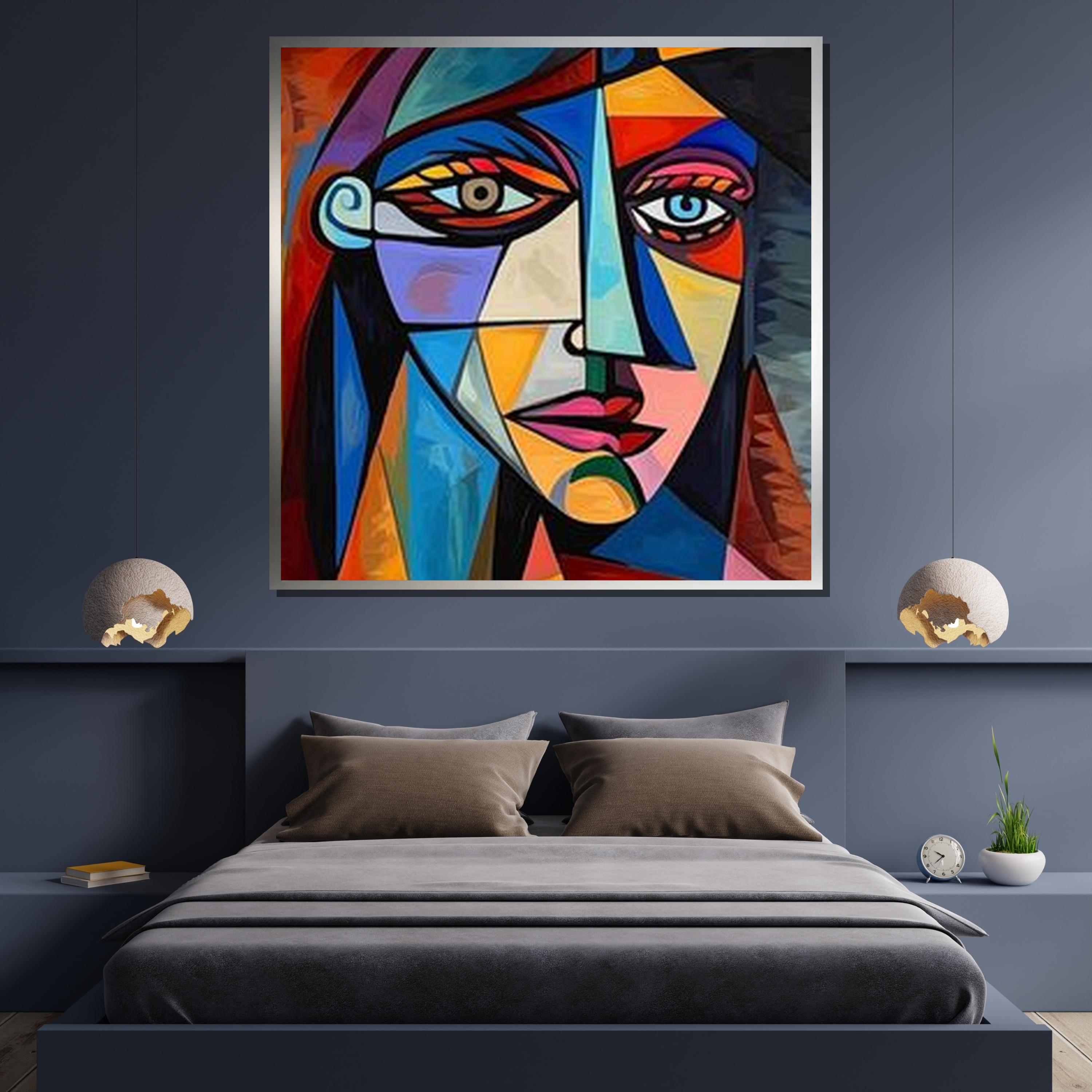 抽象キュビズムの顔アート：ピカソにインスパイアされたカラフルな