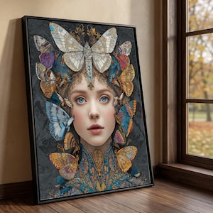 May include: A framed artwork featuring a woman's portrait adorned with butterflies. The woman has blue eyes and is surrounded by colorful butterflies. The artwork is set against a dark background and framed in black.
