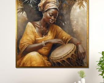 African Woman Drum Art: Traditional Culture Canvas, Ready to Hang