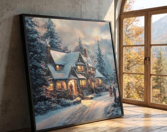 Snowy Cottage Canvas Print, Winter Cabin Landscape Wall Art