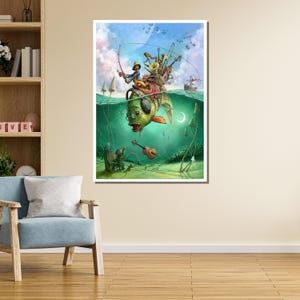 May include: A whimsical illustration of a green fish with a musical instrument on its back, floating in a blue and green water scene. A person is sitting on the fish, holding a fishing rod. The fish is surrounded by bubbles and other whimsical elements.