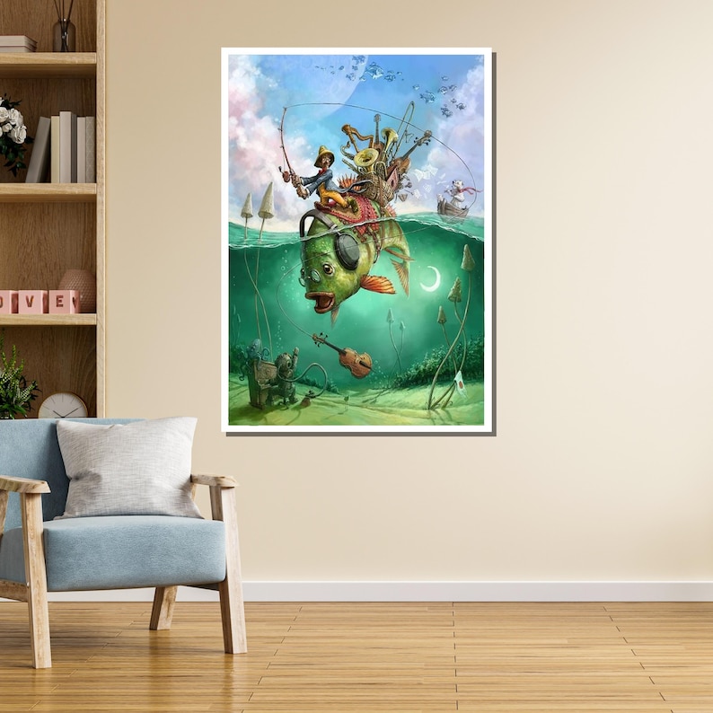 May include: A whimsical illustration of a green fish with a musical instrument on its back, floating in a blue and green water scene. A person is sitting on the fish, holding a fishing rod. The fish is surrounded by bubbles and other whimsical elements.