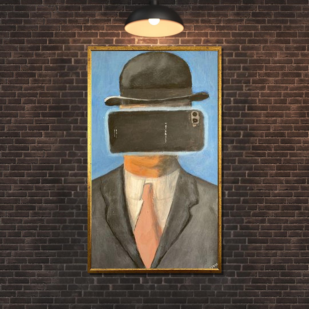Magritte Inspired Canvas: Bowler Hat Man With Smartphone Surreal