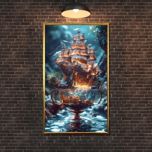 Fantasy Pirate Ship Canvas, Dreamy Ship in Glass Art Print, Mystical Nautical Decor, Ocean Fantasy Wall Art, Ready to Hang Poster