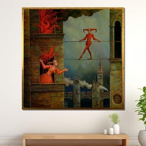 May include: A painting depicting a woman in a red dress looking out of a window. A man in a red jester costume walks on a tightrope between two buildings. The buildings are old and have a medieval appearance.