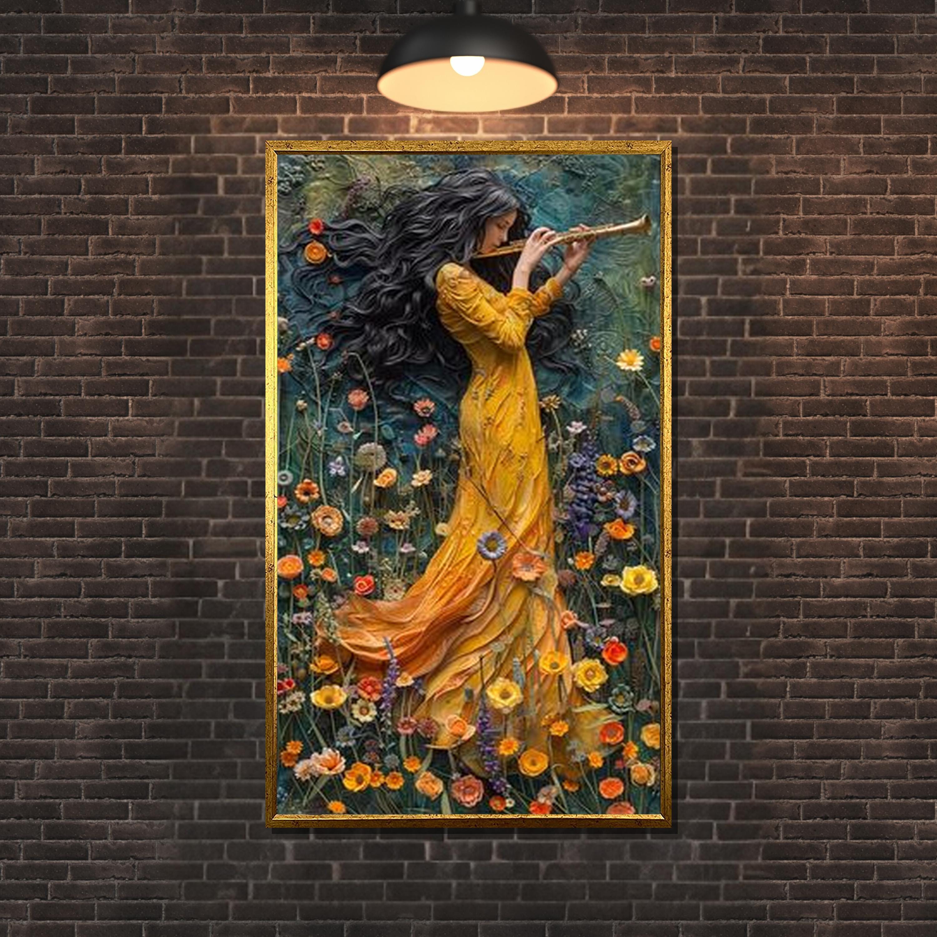Floral Flute Player Canvas: Whimsical Fantasy Art, Ready to Hang