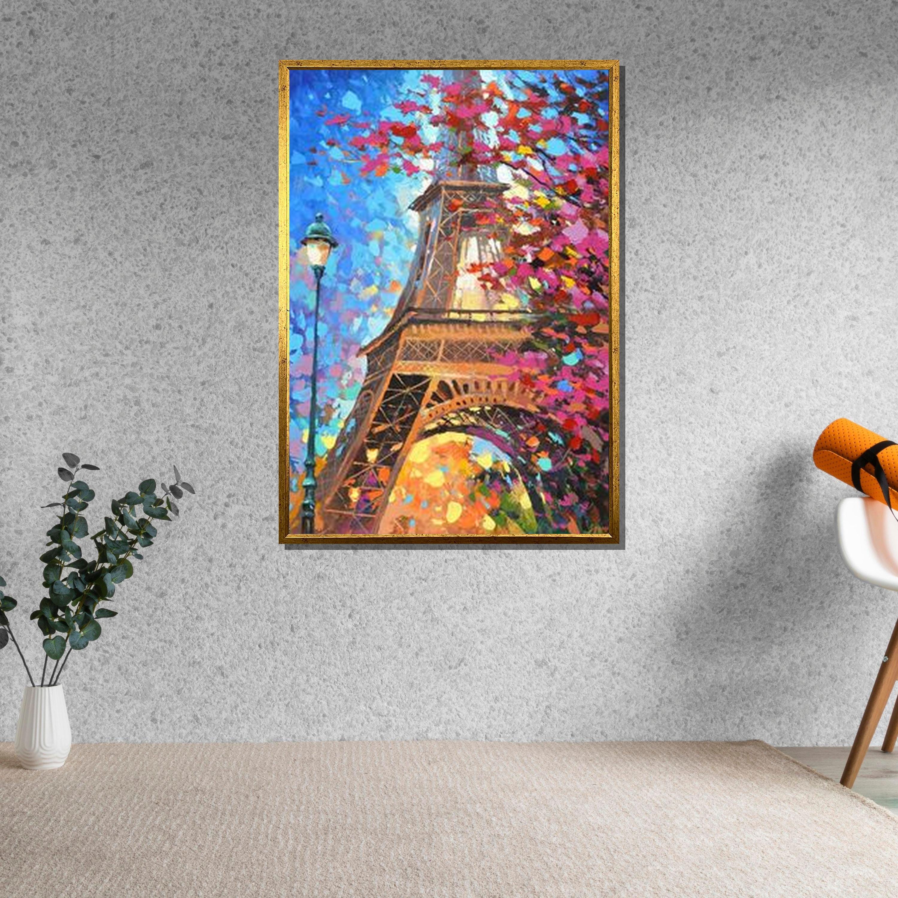 エッフェル塔の印象派アート、パリの街並みのキャンバス、カラフルな