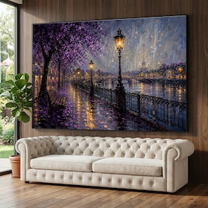 Paris Evening Walk, River Seine Canvas, Romantic Cityscape Wall Art, Purple Tree Lined Path, Glowing Street Lamps Canvas, Urban Landscape