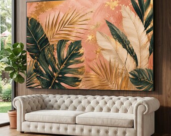 Tropical Gold Leaf Canvas Art, Modern Palm Leaves, Pink Botanical Wall Decor