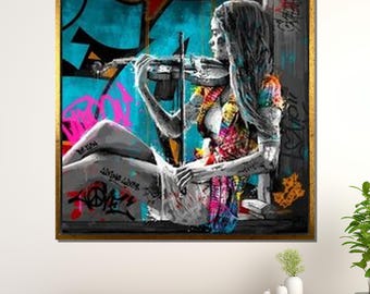 Street Violinist Canvas Art: Urban Graffiti Decor