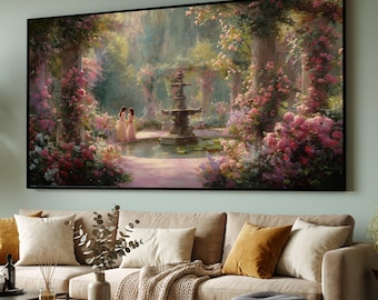 Lienzo con fuente de jardín encantado, arte floral vintage para pared