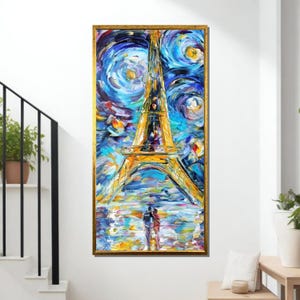 Eiffel Tower Couple Painting, Paris Night Wall Art, Romantic Eiffel Tower Canvas, Colorful Paris Decor, Ready to Hang