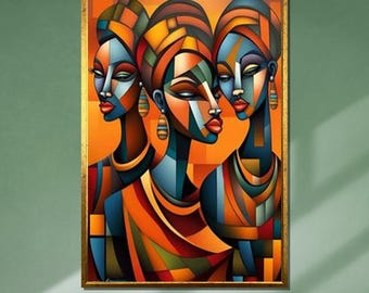 African Women Abstract Art, Cubist Style Canvas, Tribal Wall Decor
