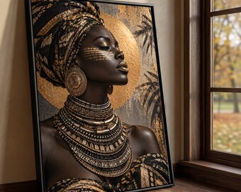 Elegant African Woman Portrait Canvas, Tribal Jewelry Wall Art, Golden Heritage Decoration, Ethnic Culture Canvas, Home Accent Artwork