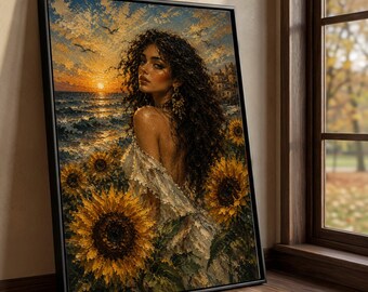 Woman Portrait with Sunflowers Canvas, Coastal Sunset Landscape, Romantic Boho Wall Art