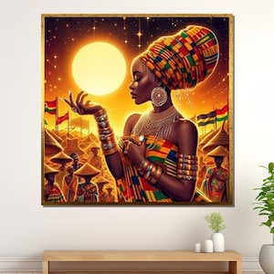 African Queen Kente Cloth Canvas Art: Cultural Sunset Wall Decor