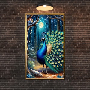 Peacock Canvas Art: Moonlit Forest, Vibrant Animal Wall Decor