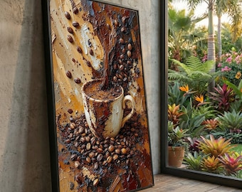Modern Coffee Cup Canvas Art, Brown Tones Abstract Kitchen Decor