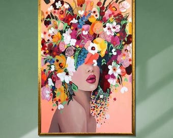 Floral Crown Portrait Canvas, Colorful Woman Wall Art, Flower Headpiece Painting, Ready to Hang