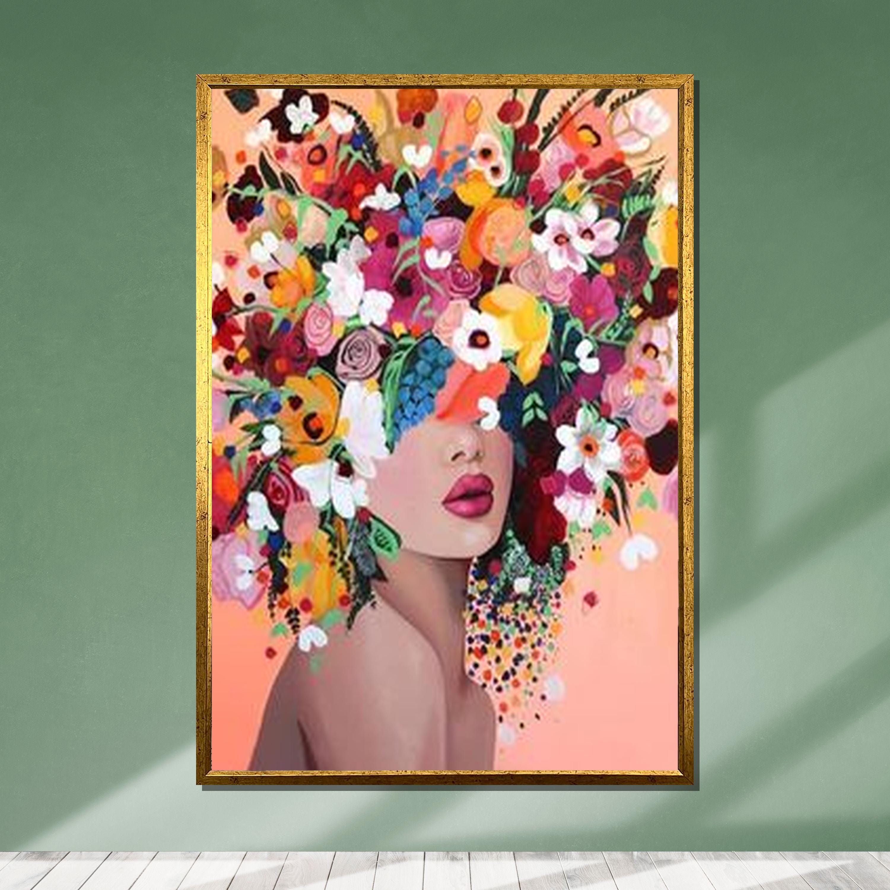 Blumenkrone Portrait Leinwand, bunte Frau Wandkunst, Blumenkopfschmuck Malerei, fertig zum Aufhängen