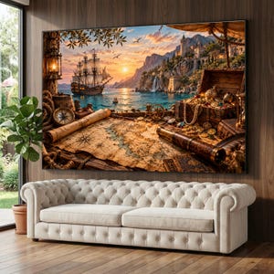 May include: A large rectangular wall art print featuring a detailed maritime scene with a sailing ship, a treasure chest filled with gold coins, a vintage map, a brass telescope, and a compass, displayed above a cream-colored tufted sofa.