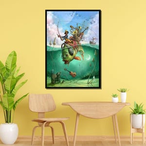 May include: A whimsical illustration of a green fish with a musical instrument on its back, being fished by a person in a boat. The fish is surrounded by underwater plants and bubbles.