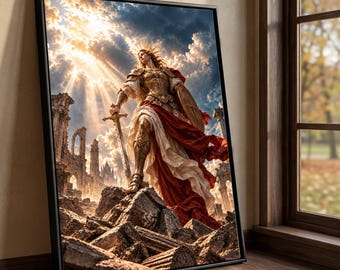 Warrior Goddess Canvas Wall Art, Mythical Armor Figure, Epic Fantasy Scene, Dramatic Sky and Ruins, Heroic Wall Decor