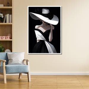 Lienzo de mujer elegante: impresión de moda en blanco y negro, listo para colgar