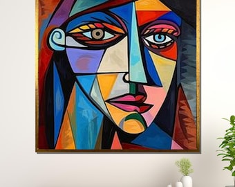 抽象キュビズムの顔アート：ピカソにインスパイアされたカラフルな